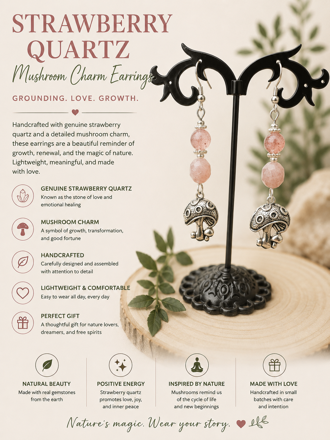 Strawberry Quartz Gemstone Mushroom Charm Earrings
