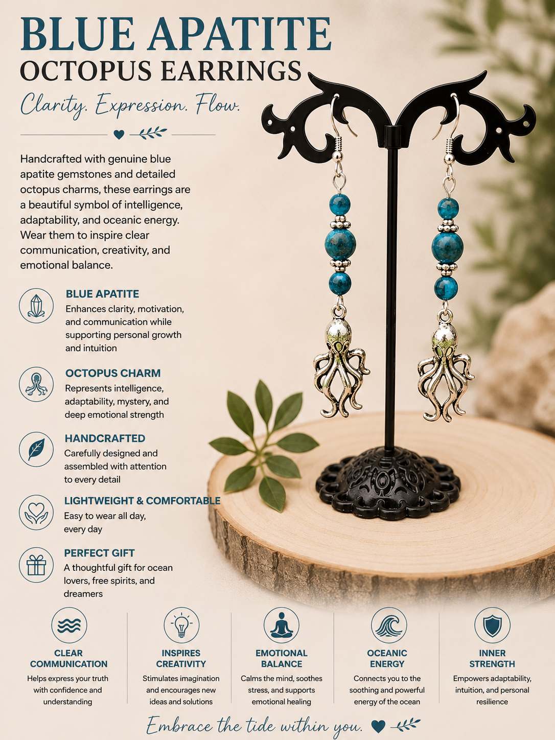 Blue Apatite Gemstone Octopus Earrings