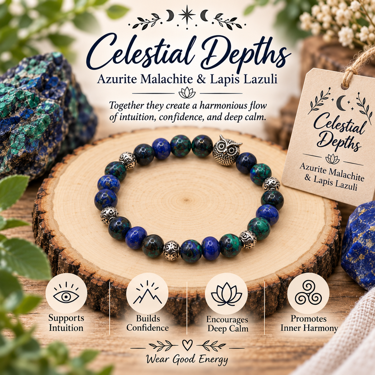 Celestial Depths -Azurite Malachite & Lapis Lazuli Gemstone Bracelet