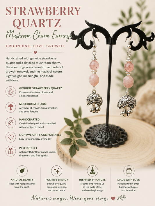 Strawberry Quartz Gemstone Mushroom Charm Earrings