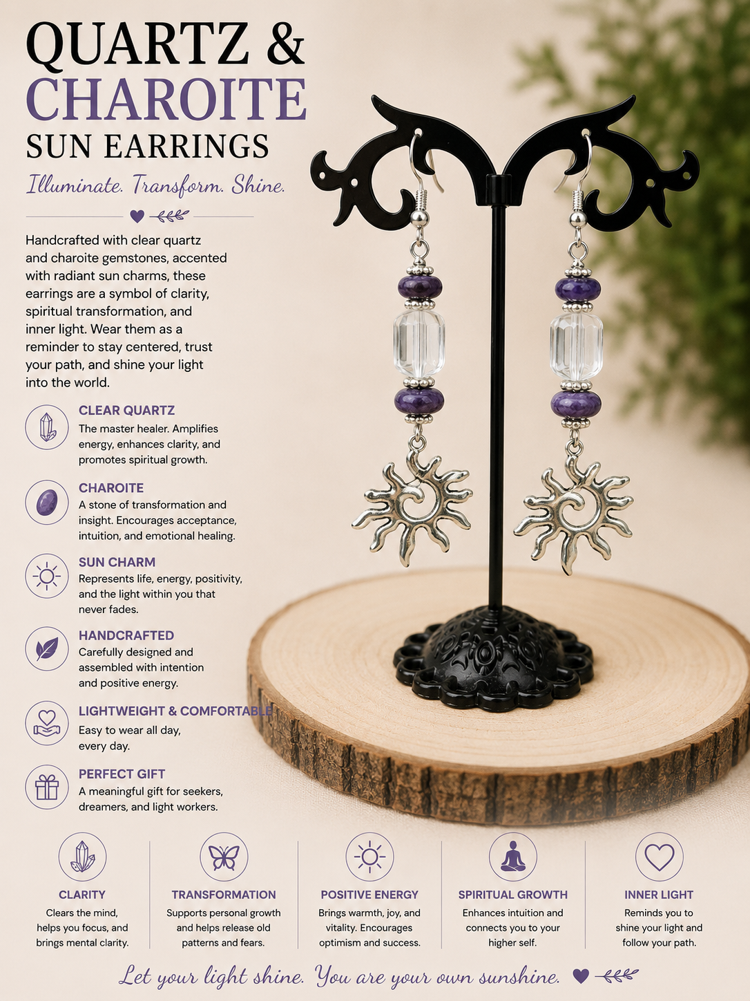 Charoite & Quartz Gemstone and Sun Charm Earrings