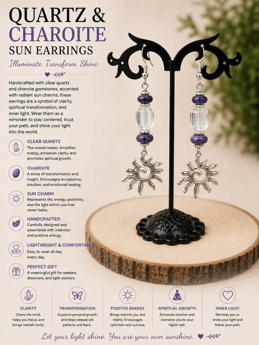 Charoite & Quartz Gemstone and Sun Charm Earrings
